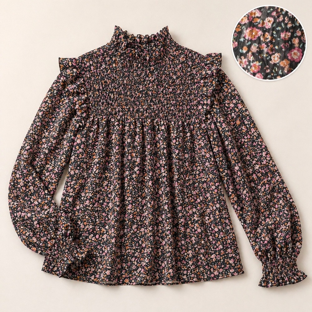 Romantic Floral Cottagecore Smocked High Neck Blouse (1X)‎ Ruffle Sheer Top Plus
